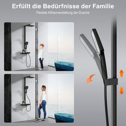 Douchekraan – Doucheset – Douchemengkraan – Thermostaatkraan – Handdouche – Matte Zwarte Afwerking – Thermostaat Met Glazen Plank – 3 Spraystanden Handdouche