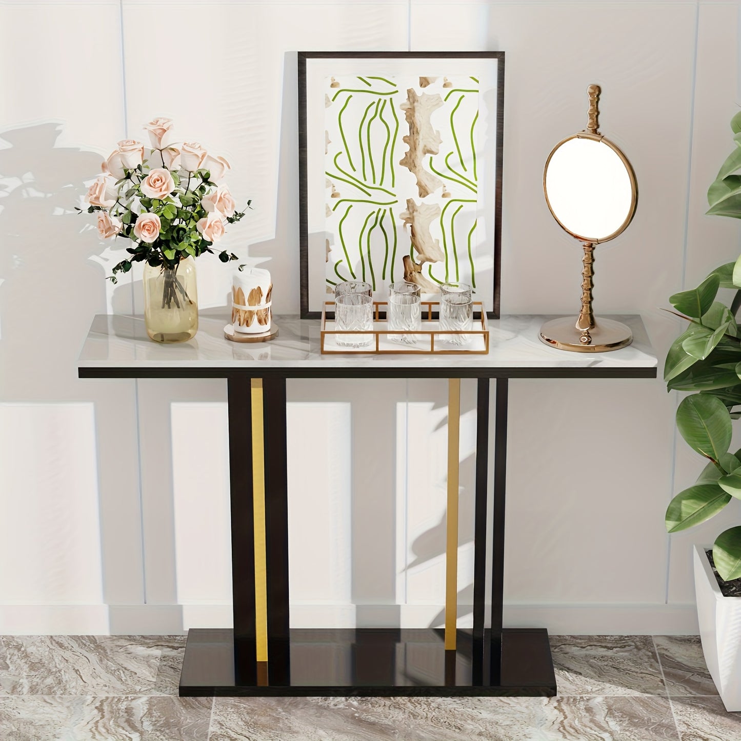 Sidetable – Haltafel – Console Table – Wandtafel – Bijzettafel – Smal Hoog Design – Witte Gesinterde Steen Marmerlook – Zwart Goud Metaal – 118x30x78 cm – Max 30 kg Draagvermogen