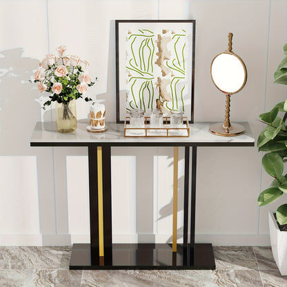 Sidetable – Haltafel – Console Table – Wandtafel – Bijzettafel – Smal Hoog Design – Witte Gesinterde Steen Marmerlook – Zwart Goud Metaal – 118x30x78 cm – Max 30 kg Draagvermogen