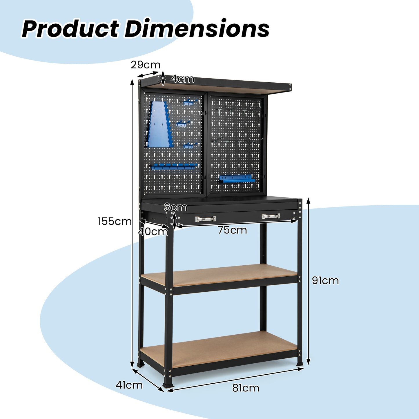 Multifunctionele Werkbank – Werktafel – Klusbank – Werkplek – Opbergmeubel – Met Pegboard – Stevig Metalen Frame – 100 kg Draagkracht – Compact & Ruim – Zwart Blauw