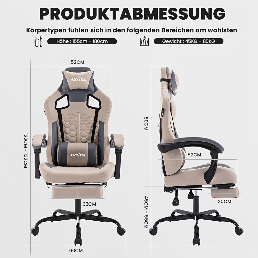 Gamingstoel – Gamestoel – Gaming Chair – Game Stoel – Bureaustoel – Ergonomisch Ontwerp – Verstelbare Voetensteun & Hoofdsteun – Beige Met Lendensteun