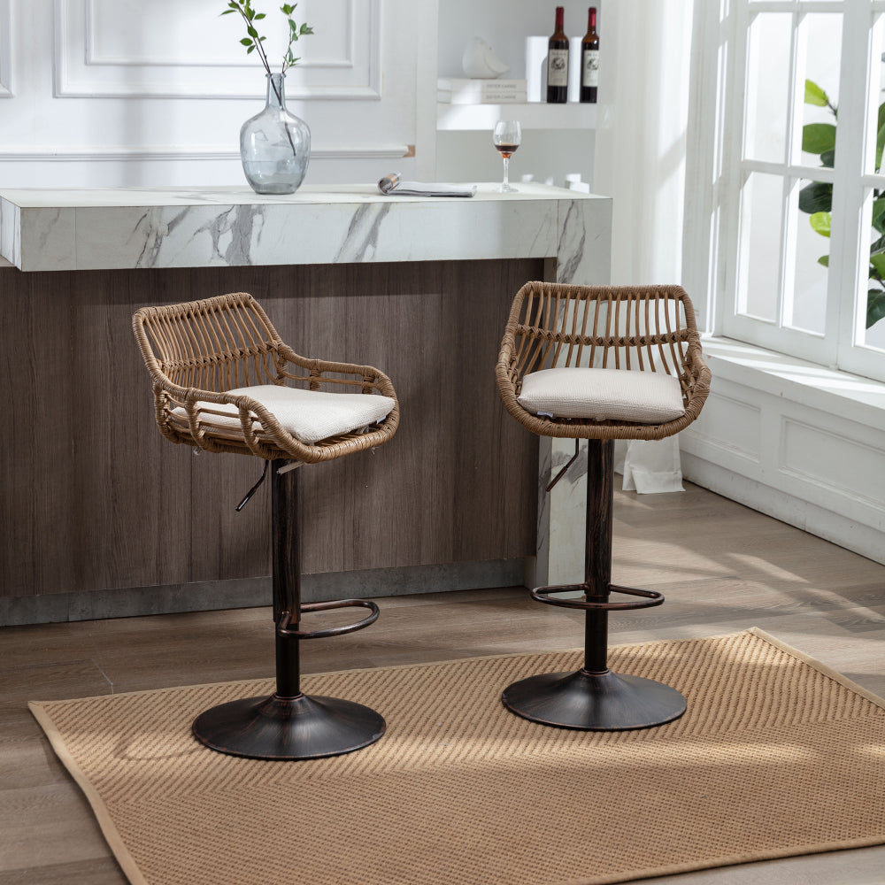 Barstoel – Barkruk – Barkrukken – Barstoelen – Keukenstoel – Verstelbare Hoogte – Beige Linnen Kussen – Zwarte Metalen Poot – Set Van 2 – Met Voetsteun – Direct Gebruiksklaar