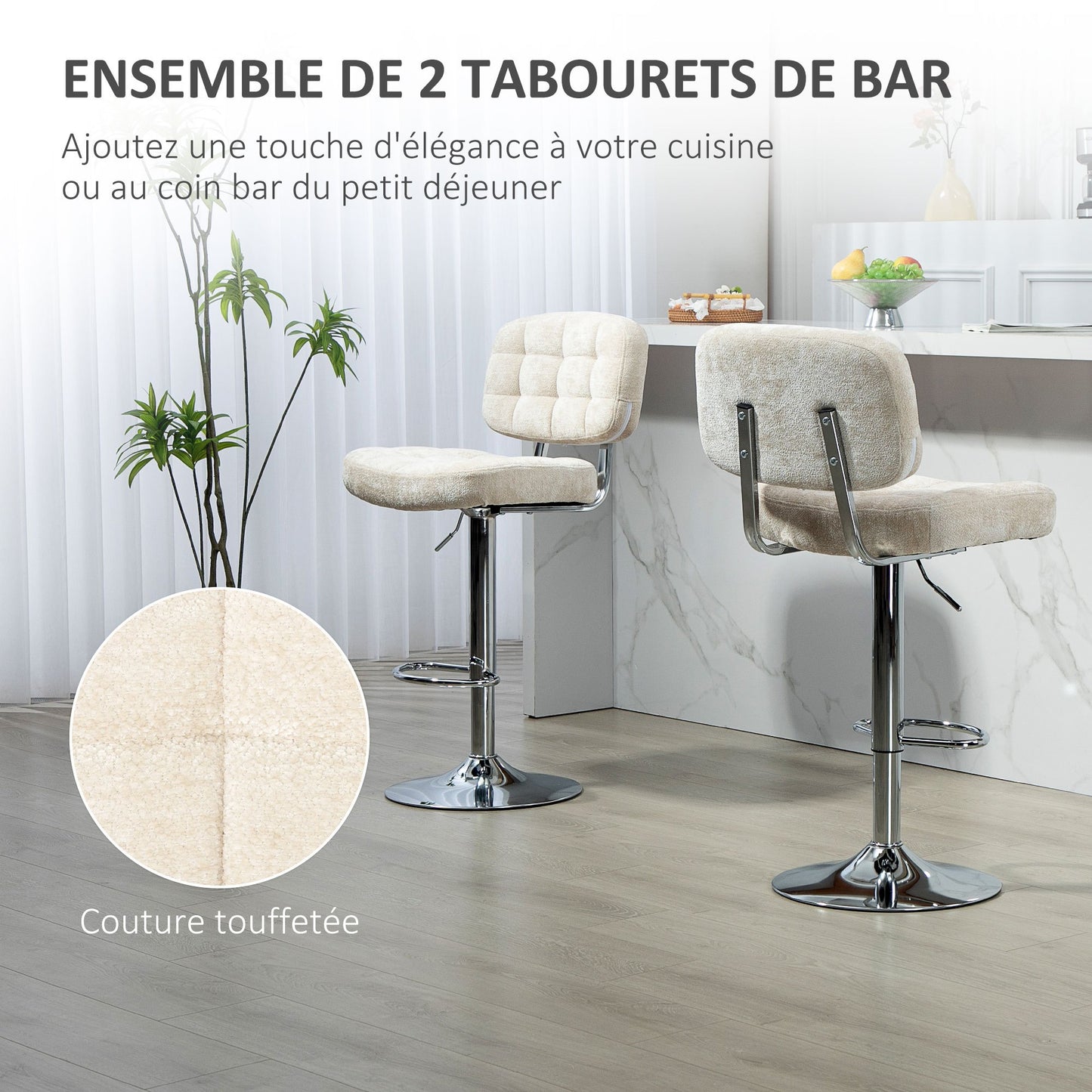 Barstoel – Barkruk – Barstoel Met Rugleuning – Keukenstoel – Barkruk Met Voetsteun – Verstelbare Hoogte 66-87 Cm – 360º Draaibaar – Bouclé Bekleding Beige