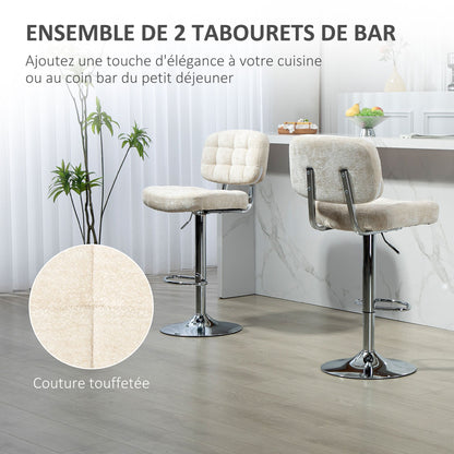 Barstoel – Barkruk – Barstoel Met Rugleuning – Keukenstoel – Barkruk Met Voetsteun – Verstelbare Hoogte 66-87 Cm – 360º Draaibaar – Bouclé Bekleding Beige