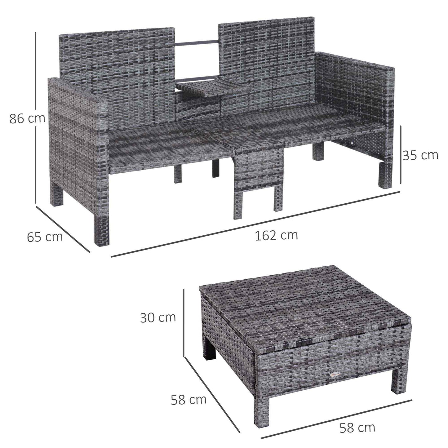 3-delige Loungeset – Tuinmeubelset – Tuinbank – Loungesofa – Rattan Set – Grijs – Verstelbare Rugleuning – Weerbestendig Poly Rattan Met Metalen Frame
