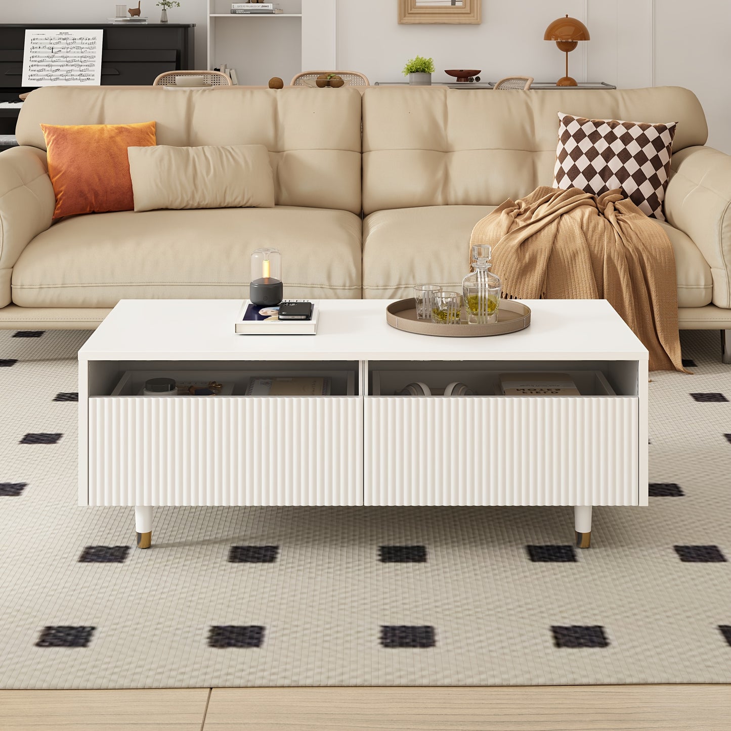 Salontafel – Koffietafel – Woonkamertafel – Tafeltje – Opbergtafel – Modern Wit – Golvend Ladeoppervlak – Ruime Opbergladen – Compact Formaat
