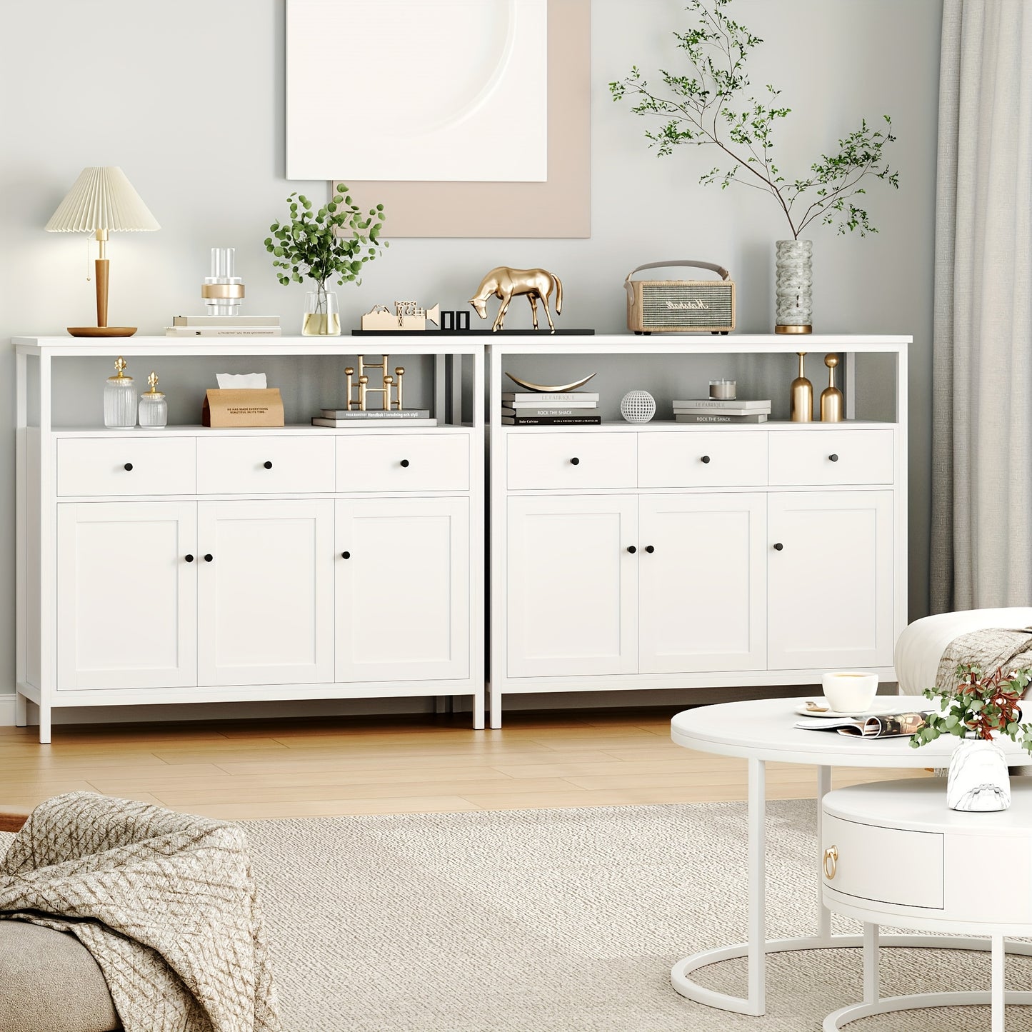 Witte Kast – Dressoir – Opbergkast – Sideboard – Buffetkast – Massief Hout – Verstelbare Planken – 3.2+ Kubieke Voet Capaciteit