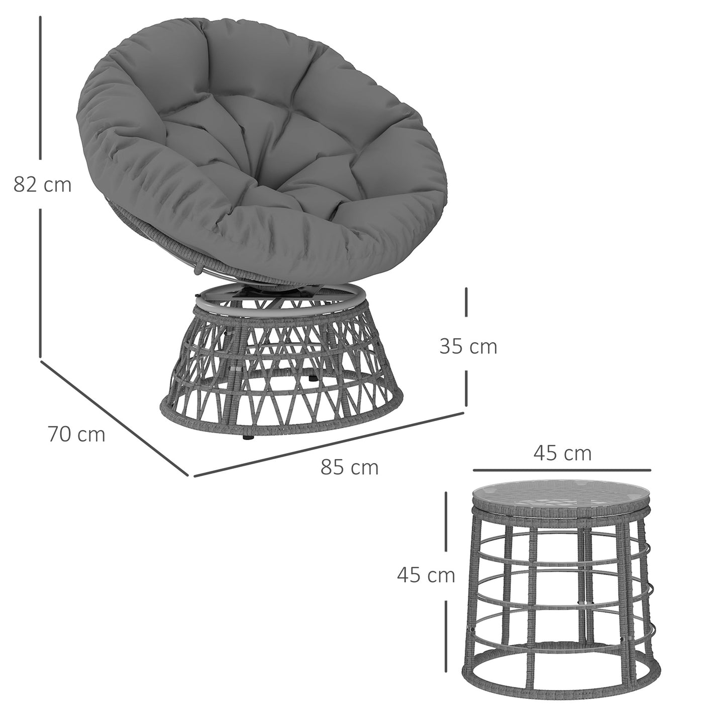 Tuinset – Tuinmeubelset – Loungeset – Balkonset – Tuinmeubelen – 2 Draaibare Papasan Fauteuils – 1 Ronde Bijzettafel – UV Bestendig Rattan Effect – 360° Draaibare Stoelen met Dikke Kussens