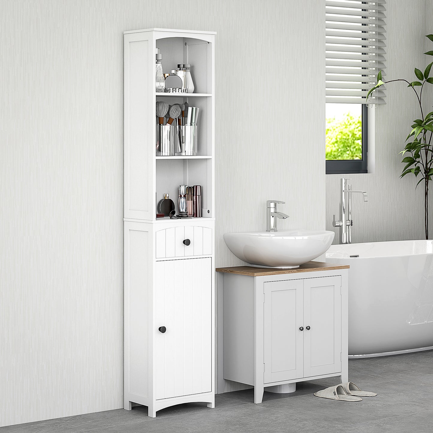 Badkamerkastje – Badkamermeubel – Opbergkastje – Toiletkast – Witte kast – 3 Ruime Planken – 1 Lade – Duurzaam MDF – Compact Vrijstaand Design
