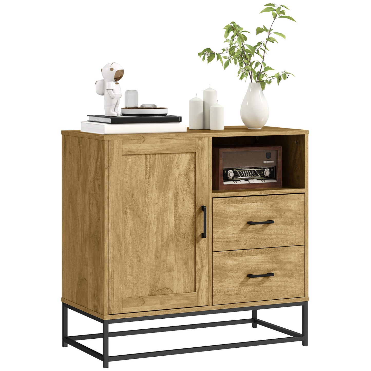 Buffetkast – Dressoir – Opbergkast – Keukenkast – Eetkamerkast – Natuurlijk Hout – 80 x 40 x 78 cm – Verstelbare Plank en 2 Lades