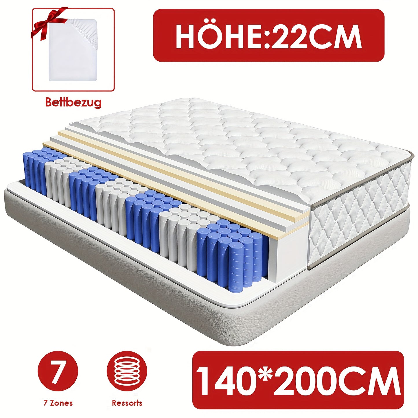 Matras – Pocketveringmatras – Binnenveringmatras – Tweepersoonsmatras – Orthopedisch Matras – 140x190 cm – 7-Zones – Pillowtop – Hypoallergeen – Katoenen Hoes – Medium Stevig (H3) – Ademend – 22 cm Hoog