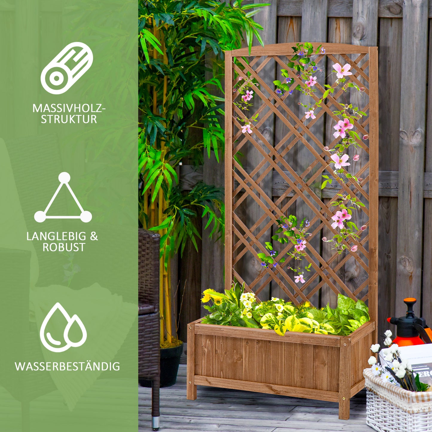 Plantenrek – Bloemenstandaard – Plantenbak – Plantentafel – Klimrek – Houten Verhoogde Plantenbak – Geel – 60x30x122,5 cm – Duurzaam Vurenhout