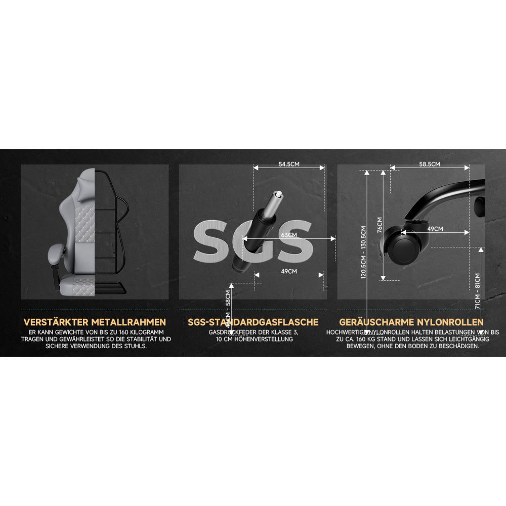 Gamingstoel – Gaming Chair – Bureaustoel – Gamestoel – Werkstoel – Ergonomisch Echt Leer – Massagefunctie – Uittrekbare Voetensteun – Grijs – Draagt 150 kg