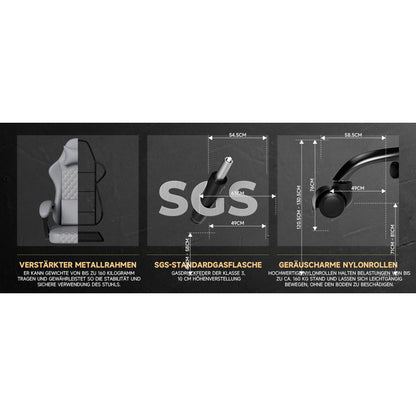 Gamingstoel – Gaming Chair – Bureaustoel – Gamestoel – Werkstoel – Ergonomisch Echt Leer – Massagefunctie – Uittrekbare Voetensteun – Grijs – Draagt 150 kg
