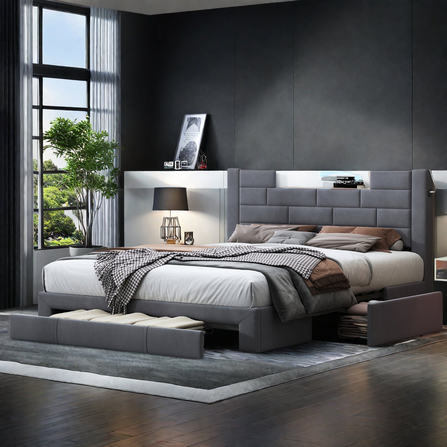 Tweepersoonsbed – Opbergbed – Bed met Lades – Led Bed – Velvet Bed – Met 3 Grote Opberglades – Ingebouwde USB- en Type-C Poorten – Stijlvolle Grijze Velvet Bekleding