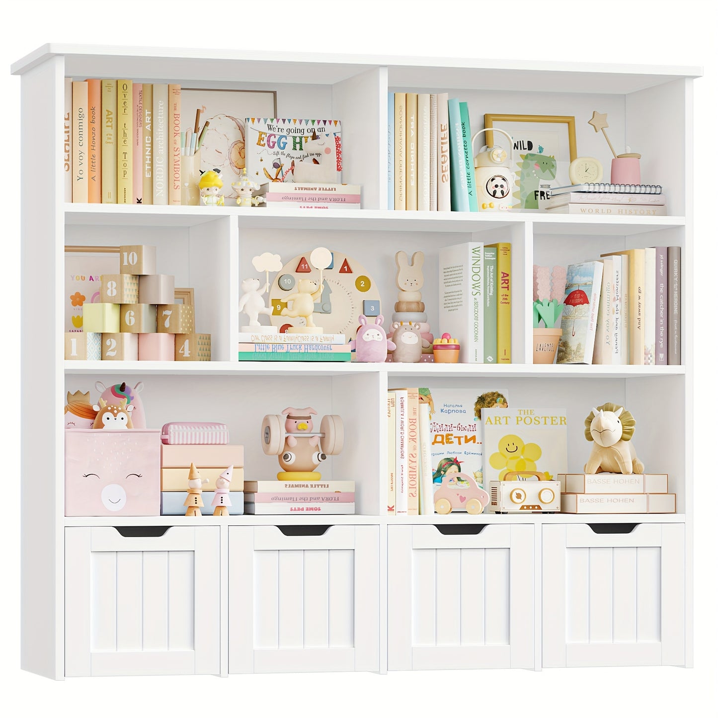 Opbergkast – Boekenkast – Opbergmeubel – Ladenkast – Kast Met Laden – Wit MDF – 3 Laden Op Wieltjes – 5 Open Vakken – 100x33x89,5 cm