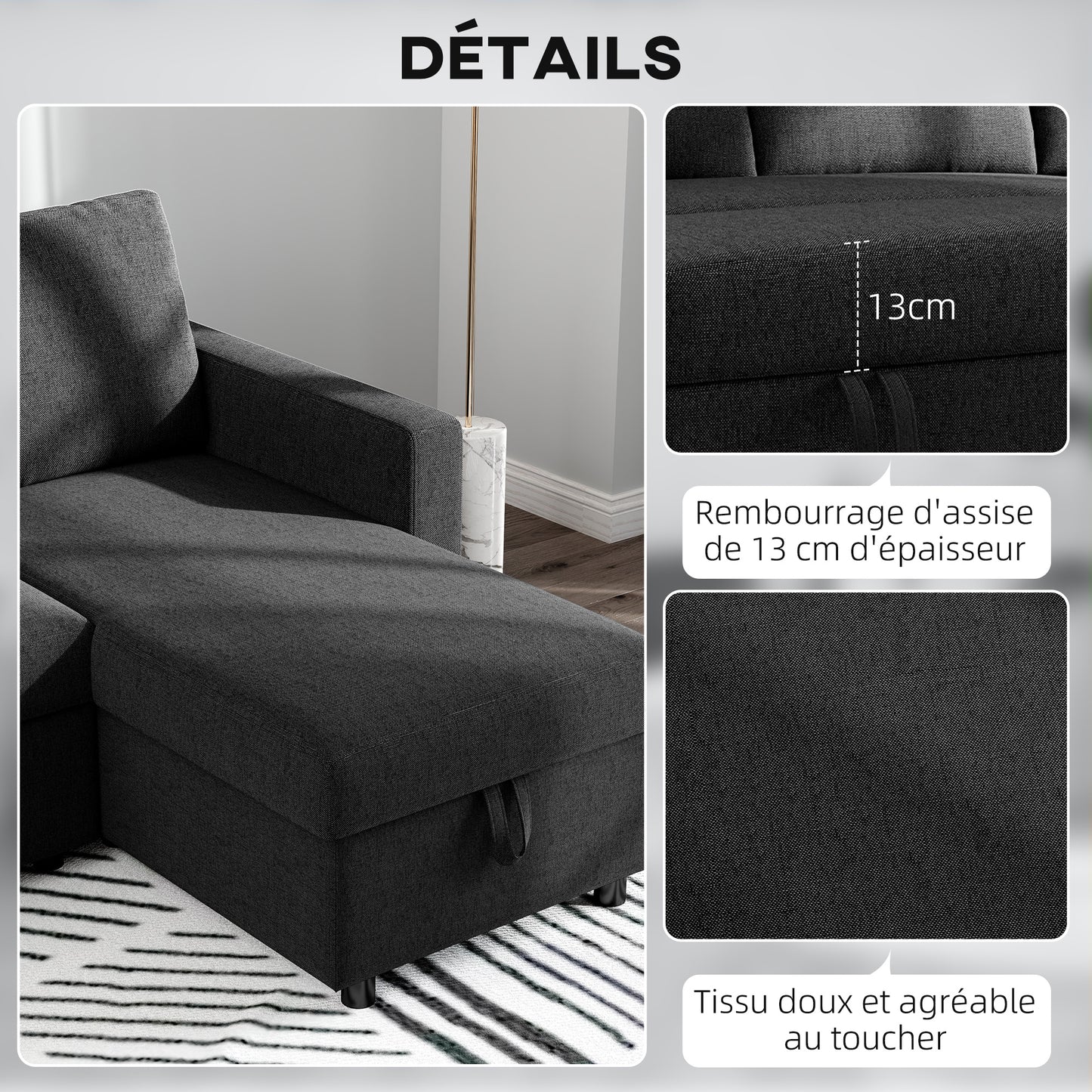 Hoekbankbed – Slaapbank – Bedbank – Loungesofa – Hoekbank – Omkeerbare Chaise Longue – Opbergruimte – Zwart Linnenstof