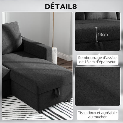 Hoekbankbed – Slaapbank – Bedbank – Loungesofa – Hoekbank – Omkeerbare Chaise Longue – Opbergruimte – Zwart Linnenstof