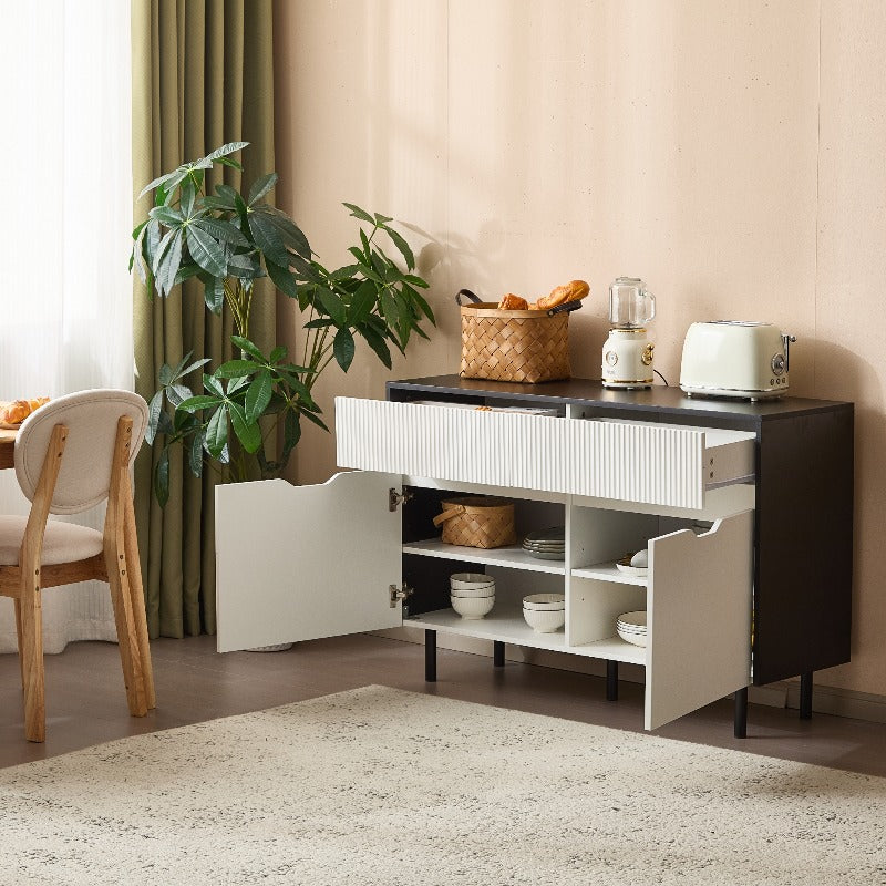 Metaal Opbergkast – Stalen Kast – Dressoir – Buffetkast – Keukenkast – 120 cm Breed – Zwart-Wit Met Riffeldeuren – Verstelbare Planken – Geen Montage Nodig