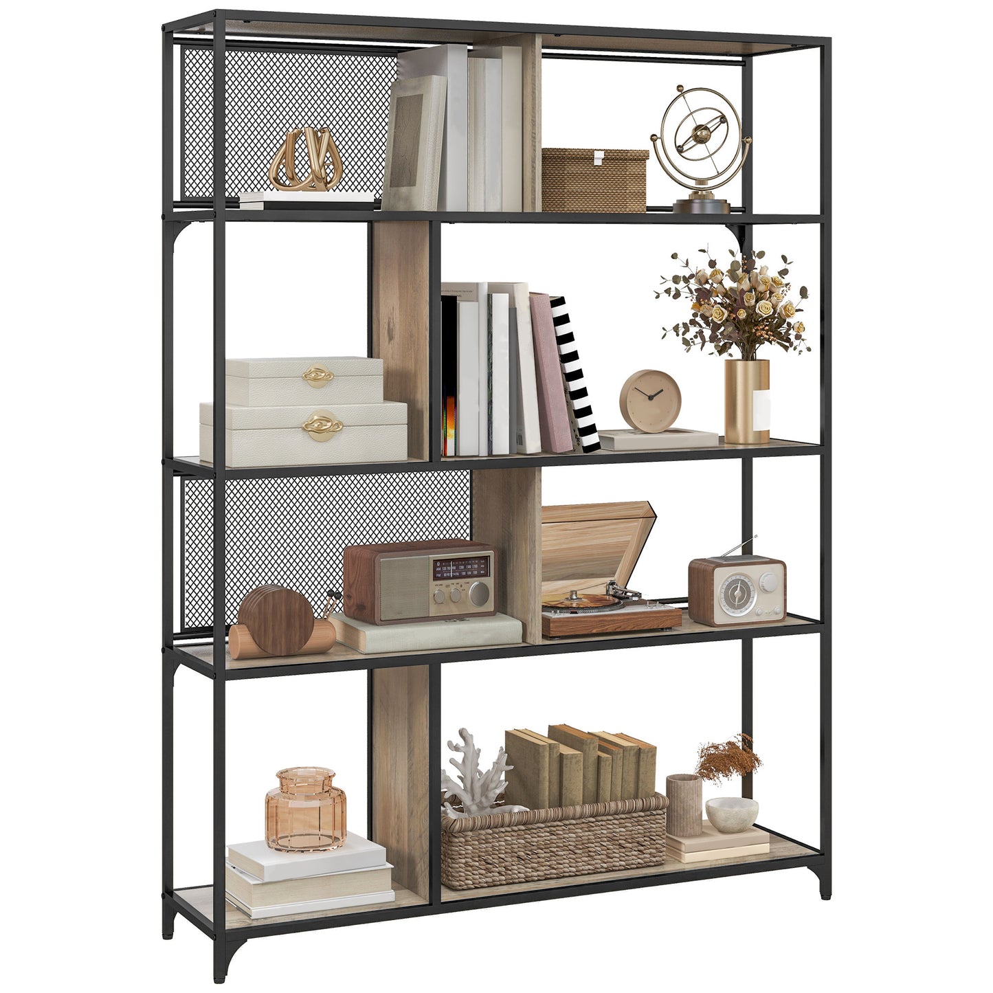 Boekenkast – Vakkenkast – Opbergkast – Rek – Kast – Industrieel Stalen Frame – 5 Lade Niveaus – 120x30x161 cm Grijs-Zwart