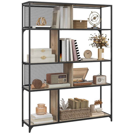 Boekenkast – Vakkenkast – Opbergkast – Rek – Kast – Industrieel Stalen Frame – 5 Lade Niveaus – 120x30x161 cm Grijs-Zwart
