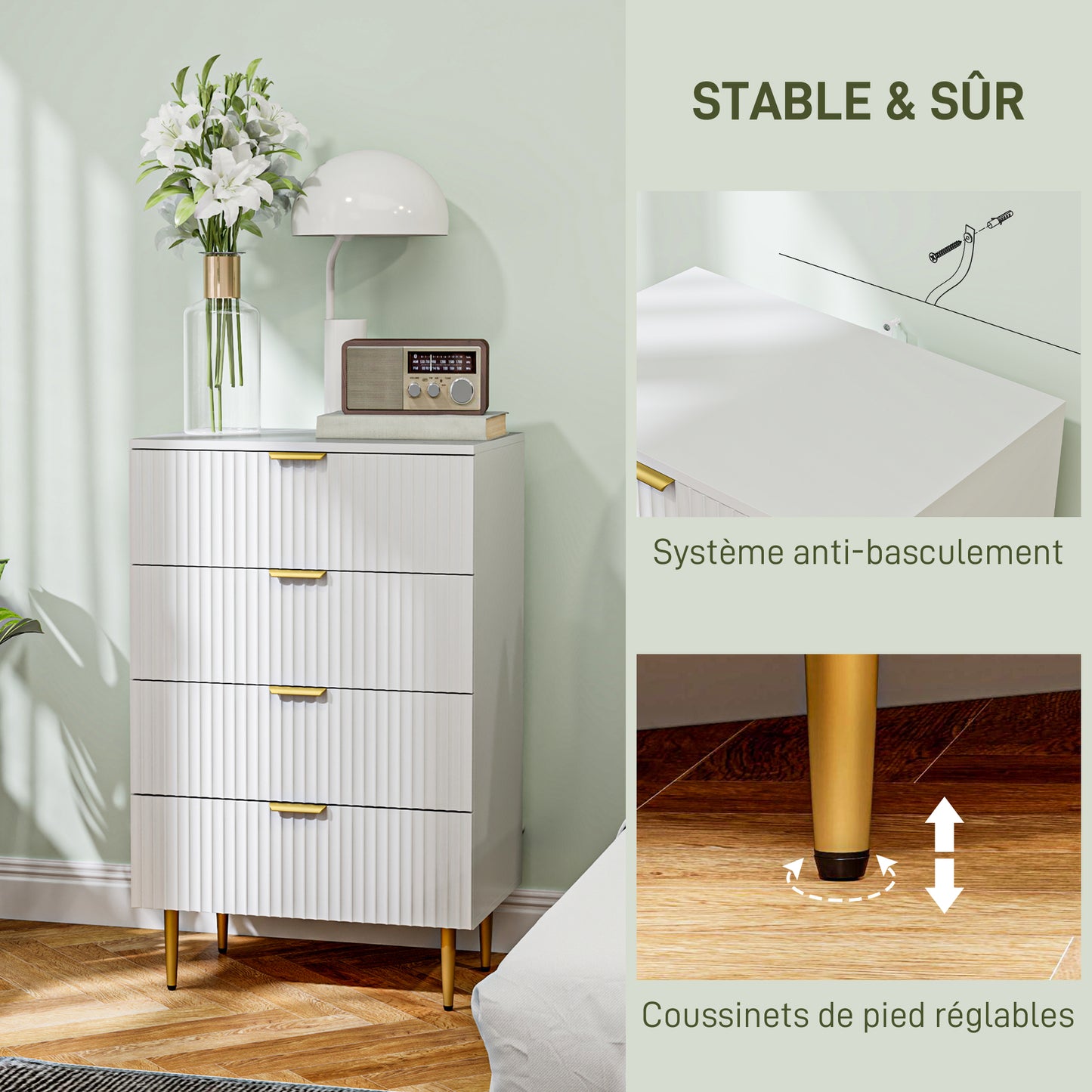 Ladekast – Ladenkast – Commode – Opbergkast – Dressoir – Modern Design – 4 Ruime Lades – MDF Wit Met Gouden Details – 60x40x96 cm