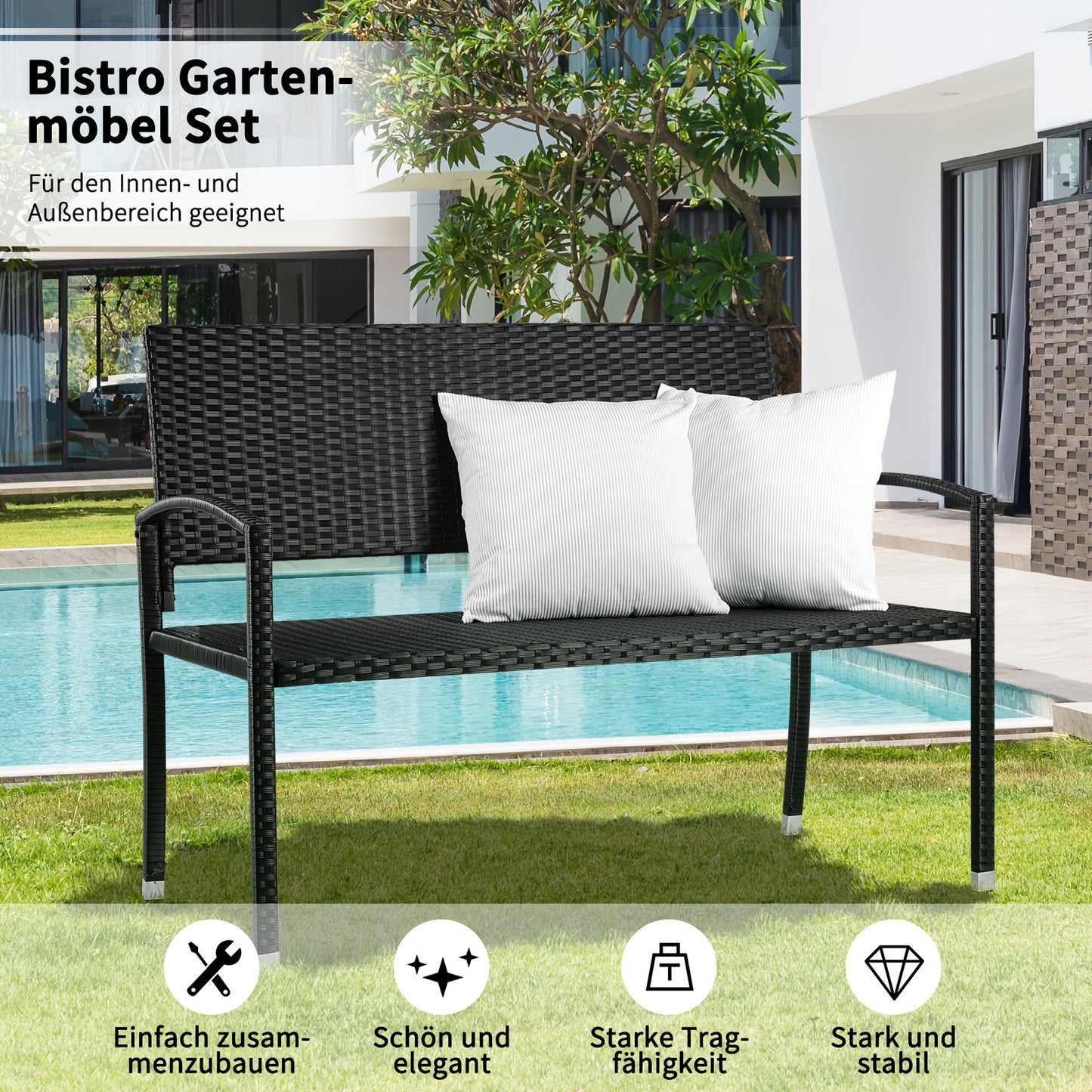 Rattan Lounge Bench, Poly Rattan Double Bench, 2-seater Garden Balcony Bench, Living Room Lounge Chair, Load Capacity 320 Kg, 122 X 62 X 90 Cm, Comfortable Garden Furniture Bench, Park Bench, Double-sided Rattan Bench