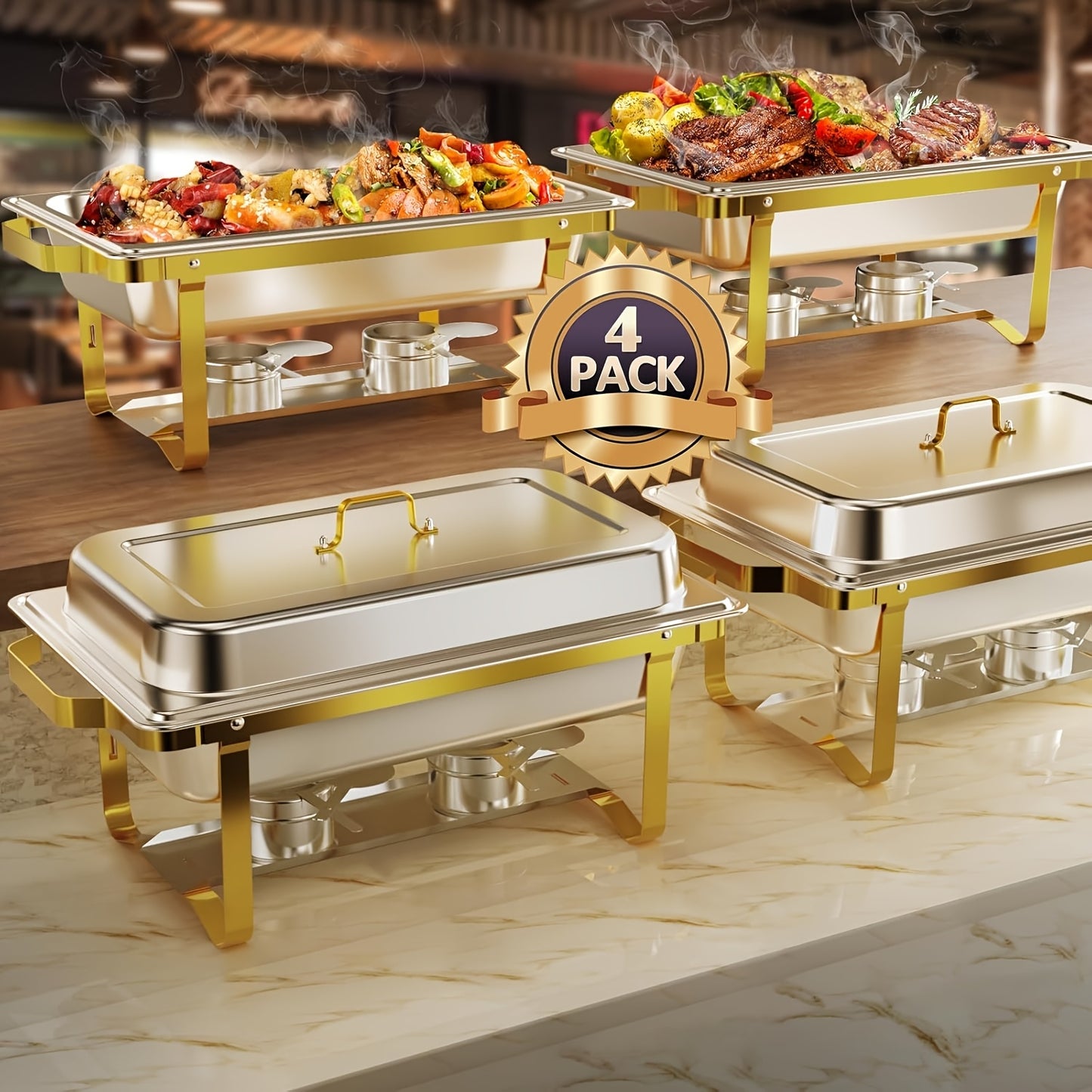 Chafing Dish Set – Warmhouder – Buffetpan – Warmtray – Warmhoudplaat – Roestvrijstaal 201 – 4-delige Set – Gouden Rolranden – 9QT Capaciteit