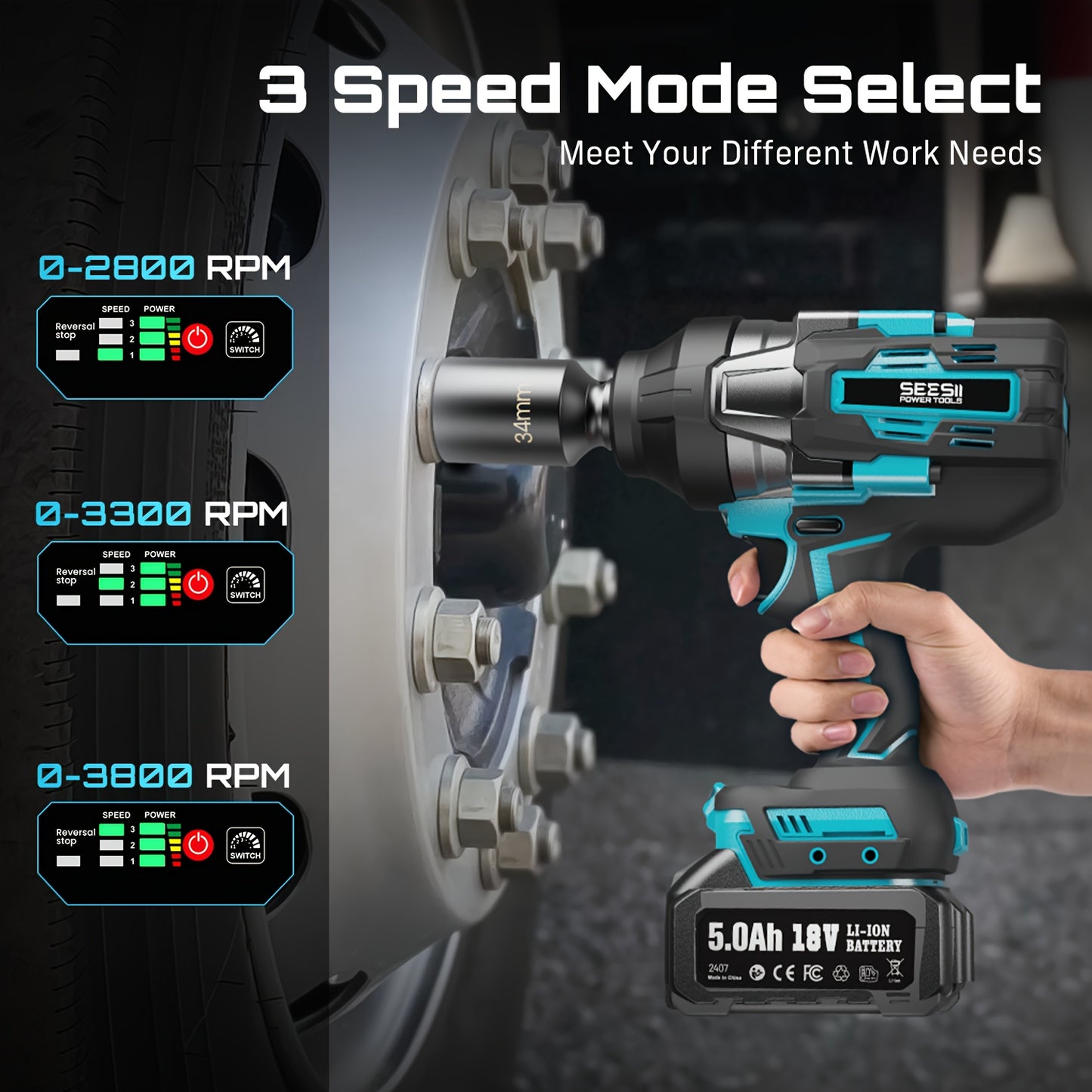 Accu Momentsleutel – Slagschroevendraaier – Draadloze Impact Wrench – Elektrische Boutenlichter – Accuboormachine – 1600 Nm Koppel – 2x 5000mAh Batterijen – 3 Versnellingen