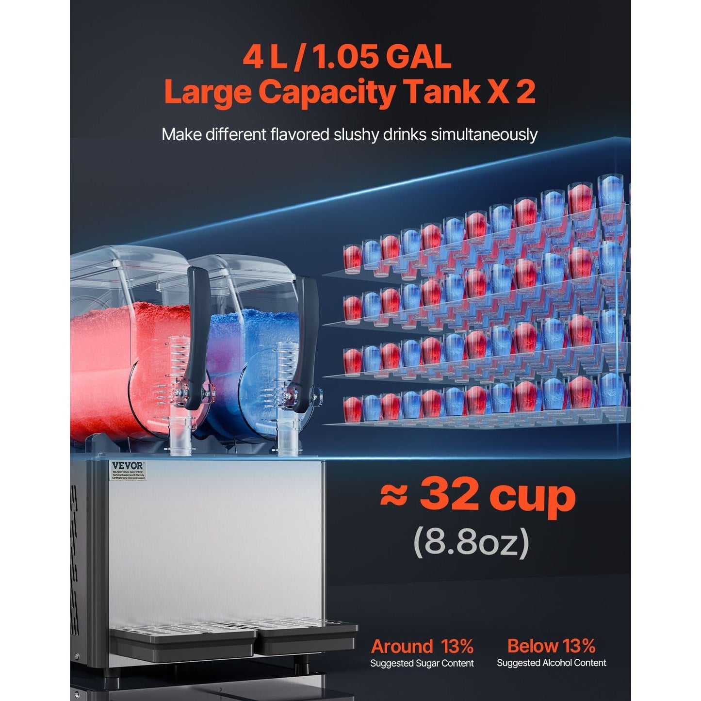 Slushmachine – Slush Puppie Machine – Slushmaker – Slushy Ijsmachine – 2x 4L Tanks – 15 Instelbare Temperatuurniveaus – Roestvrij Staal