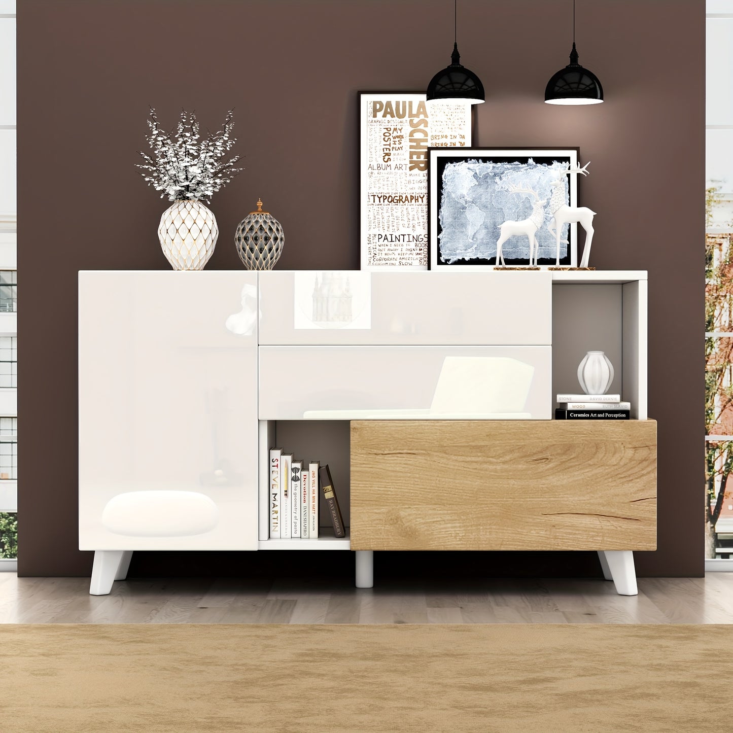 Storage Cabinet, Storage Cabinet, Large Storage Space High Gloss White Log Colour Sideboard, Modern Living Room Cabinet, 130*40*70Cm