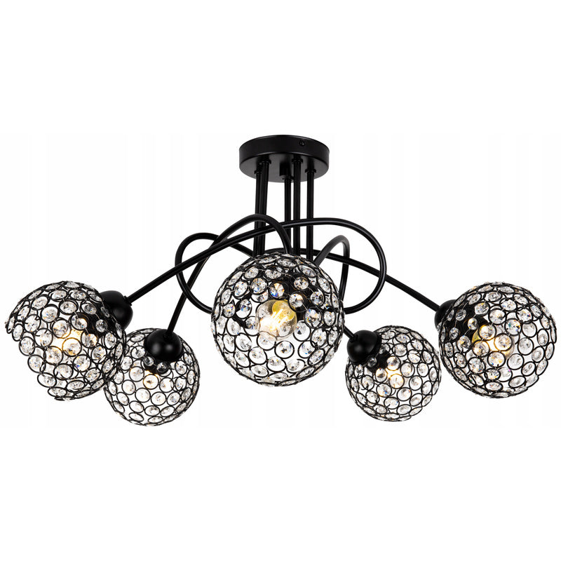 Plafondlamp – Plafonnière – Hanglamp – Kroonluchter – Kristallen Lamp – Vijf Lichtpunten – Metaal en Kristal – Zwart – 37 cm Hoog – E27 Fitting