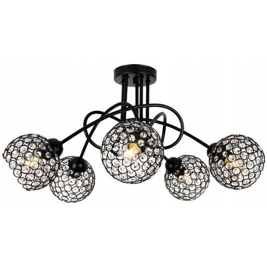 Plafondlamp – Plafonnière – Hanglamp – Kroonluchter – Kristallen Lamp – Vijf Lichtpunten – Metaal en Kristal – Zwart – 37 cm Hoog – E27 Fitting