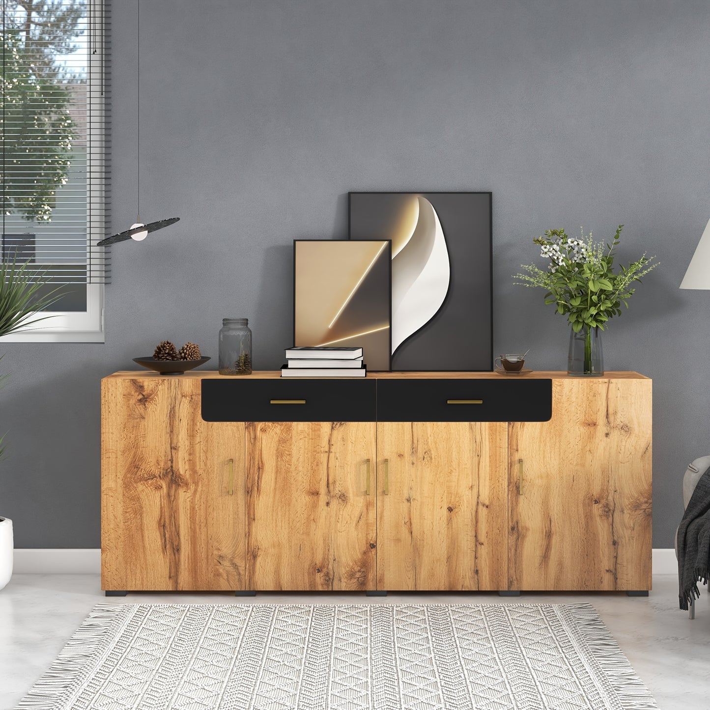 Dressoir – Opbergkast – Ladekast – Buffetkast – Kast – Hout – 208x39,5x80 cm – 4 Deuren en 2 Laden – Open Buffetgedeelte