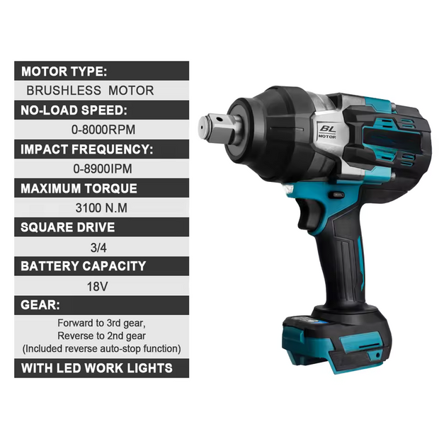 Impact Wrench - Electric Impact Wrench - Battery Impact Wrench - Impact Driver - 3100N.M Torque Brushless Electric Impact Wrench -without 18V Battery and Plug