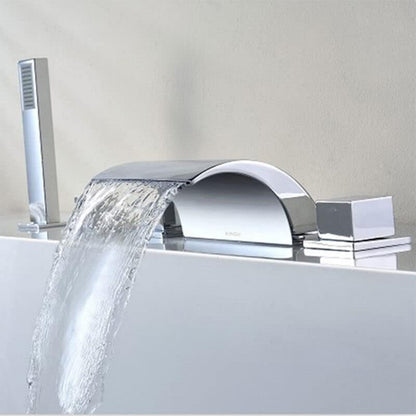 Quiltern Modern Waterfall Bath Faucet - Edge Mount 5-Hole Installation for 1/2" Hose, Brass & Chrome Bathroom Sink/Fixture with Spiral Drain & Valve