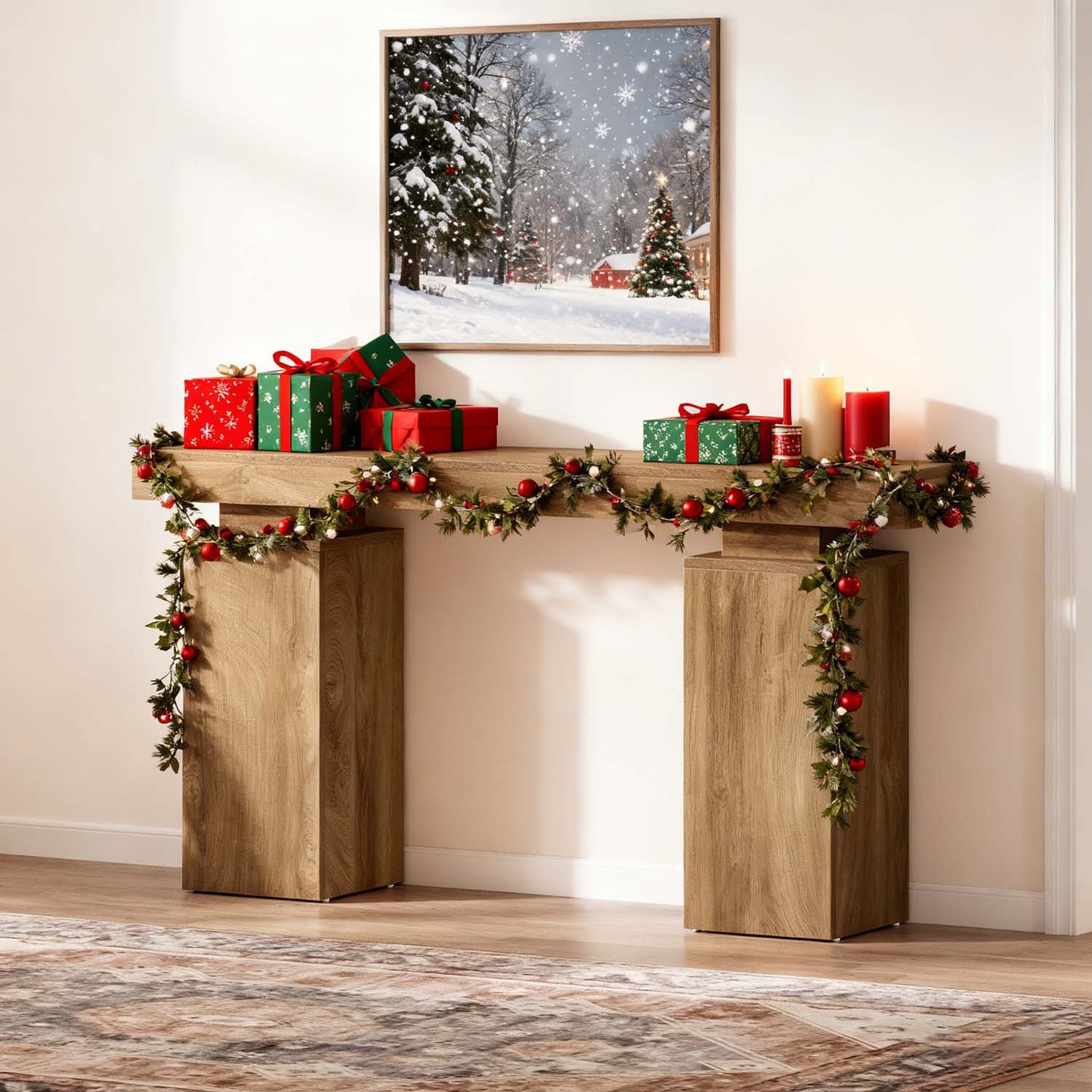 1pc 63-Inch Long Console Table | Farmhouse Wooden Entryway Table Behind Couch for Hallway or Living Room, Contemporary Style, Mixed Color, Engineered Wood, BYBLIGHT