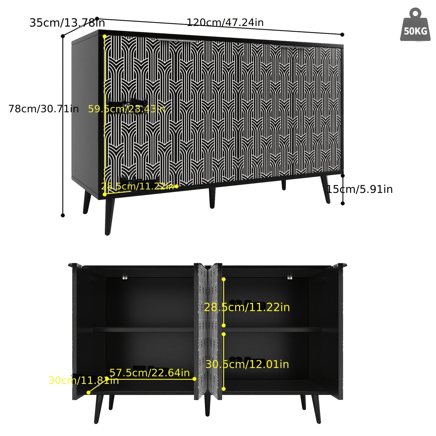 Vrijstaand Kastje – Opbergkast – Dressoir – Buffetkast – Kledingkast – Modern Zwart – Visgraatpatroon – 120x35x78 cm – Bamboe – Eenvoudige Montage
