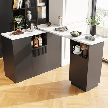 Bartafel – Barkruk Tafel – Keukentafel – Barmeubel – Zwart MDF Design – 360° Draaibaar – 210x30x100,9 cm – Marmerlook Werkblad – Ruime Opbergruimte