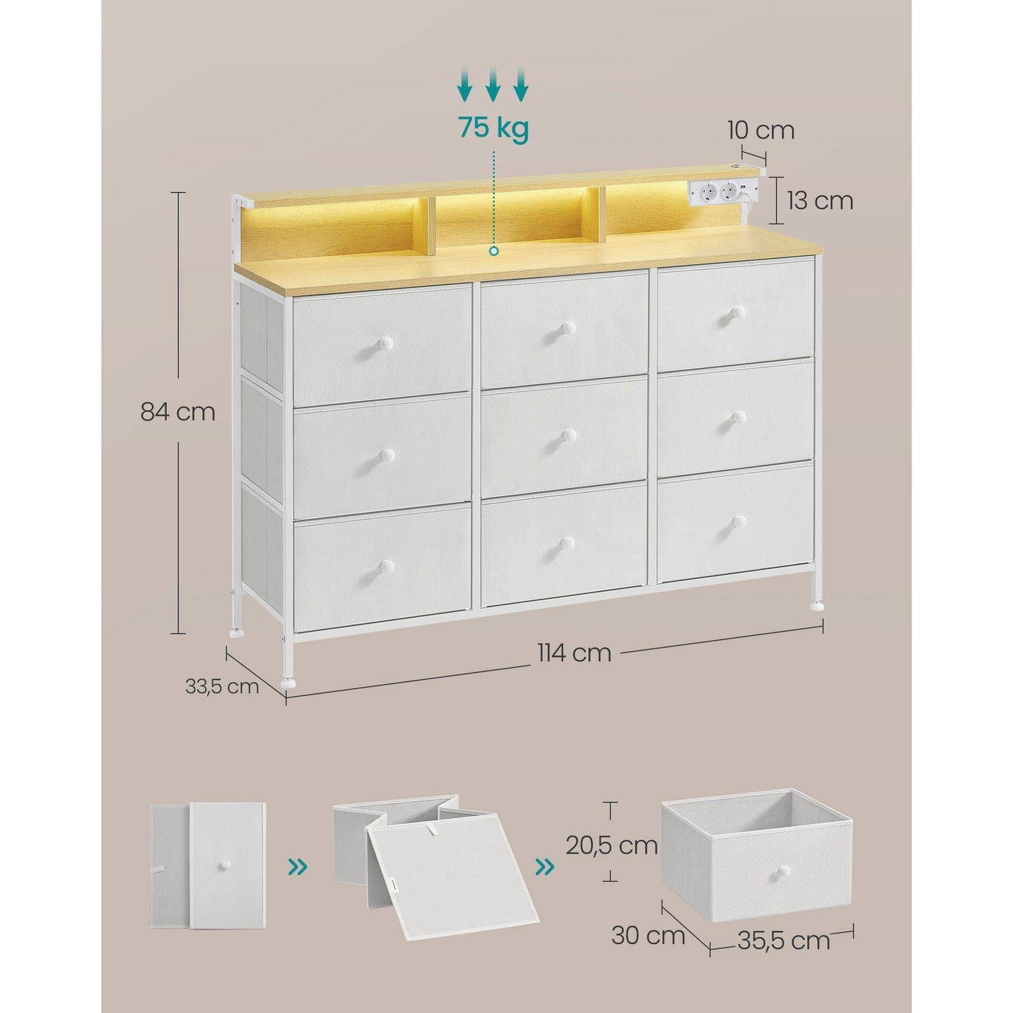 Commode – Ladekast – Opbergkast – Dressoir – Kabinet – Met 9 Lades – Ingebouwde LED-verlichting en USB-poorten – Wolk-wit – Staalframe – 114x33,5x84 cm