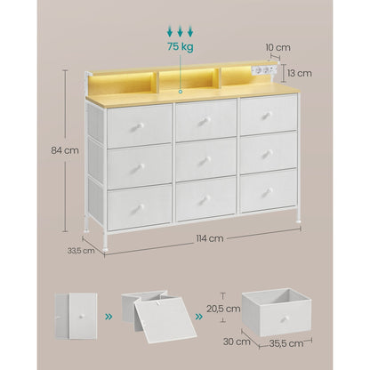 Commode – Ladekast – Opbergkast – Dressoir – Kabinet – Met 9 Lades – Ingebouwde LED-verlichting en USB-poorten – Wolk-wit – Staalframe – 114x33,5x84 cm