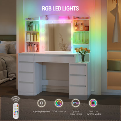 Kaptafel – Make-up Tafel – Vanity – Make-up Meubel – Sieradentafel – 100 cm Breed Werkblad – RGB LED Verlichting – 8 Lades – Witte Afwerking – Geïntegreerde Sieradenplank
