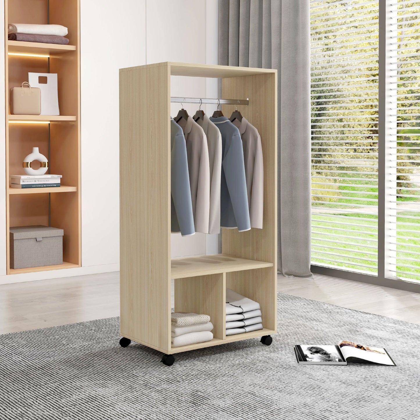Kledingkast – Garderobekast – Opbergkast – Stoffenkast – Natuurlijke Houtkleur – Met 2 Planken – 4 Zwenkwieltjes