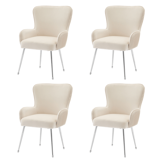 Velvet Stoelen 4-Set – Lounge Stoelen – Woonkamer Stoelen – Armstoel – Comfortabele Stoelen – Beige Velvet – Met Zilverkleurig Metalen Frame – Verstelbare Voeten & Lumbale Ondersteuning