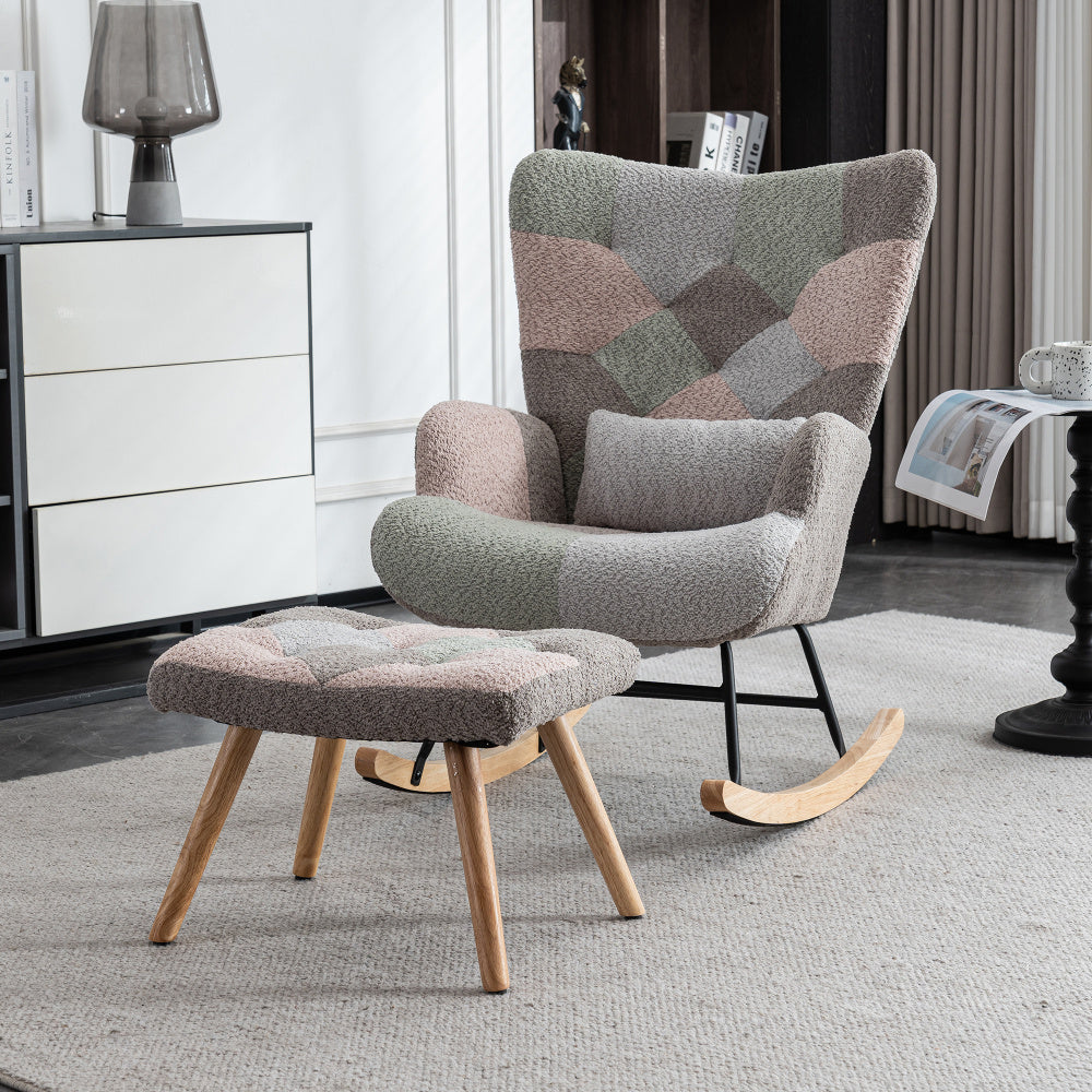 Schommelstoel – Lounge Chair – Fauteuil – Relaxstoel – Tuinstoel – Met rubberhouten frame – Memory foam zitkussen & lendensteun – Inclusief voetenbankje (49x38x37 cm) – Multicolor design