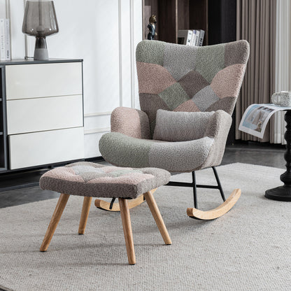 Schommelstoel – Lounge Chair – Fauteuil – Relaxstoel – Tuinstoel – Met rubberhouten frame – Memory foam zitkussen & lendensteun – Inclusief voetenbankje (49x38x37 cm) – Multicolor design