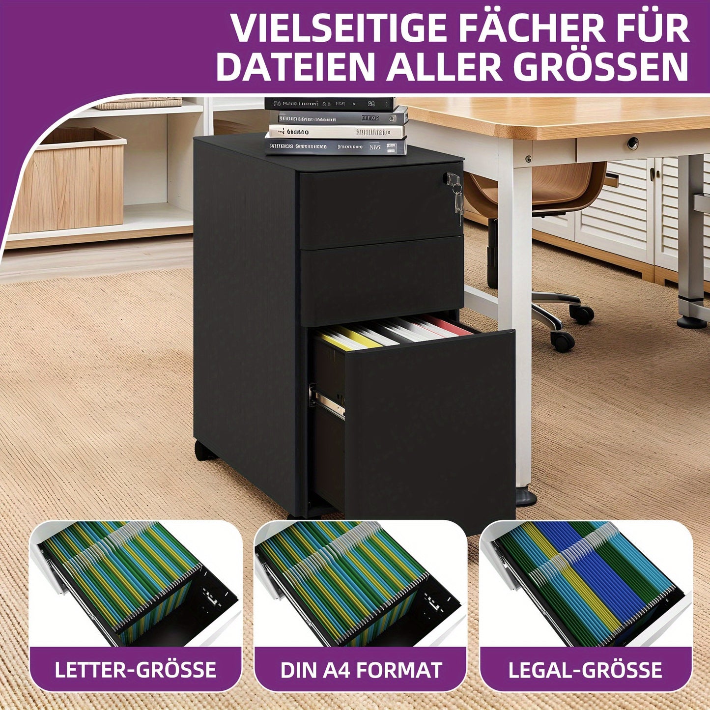 Ladekast – Ladenkast – Opbergkast – Dressoir – Documentenkast – Metalen Kastje – 3 Afsluitbare Lades – Mobiel Met Zwenkwieltjes