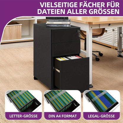 Ladekast – Ladenkast – Opbergkast – Dressoir – Documentenkast – Metalen Kastje – 3 Afsluitbare Lades – Mobiel Met Zwenkwieltjes