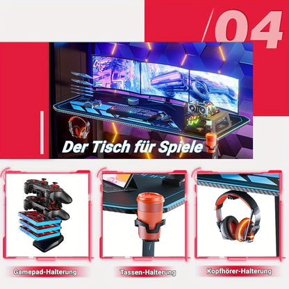 Gaming Bureau – Gamer Bureau – Computerbureau – Bureau Voor Thuiswerken – Studiebureau – Extra Ruim 160x75x75 cm – Inclusief Volledige Muismat & Bekerhouder Zwart Blauw