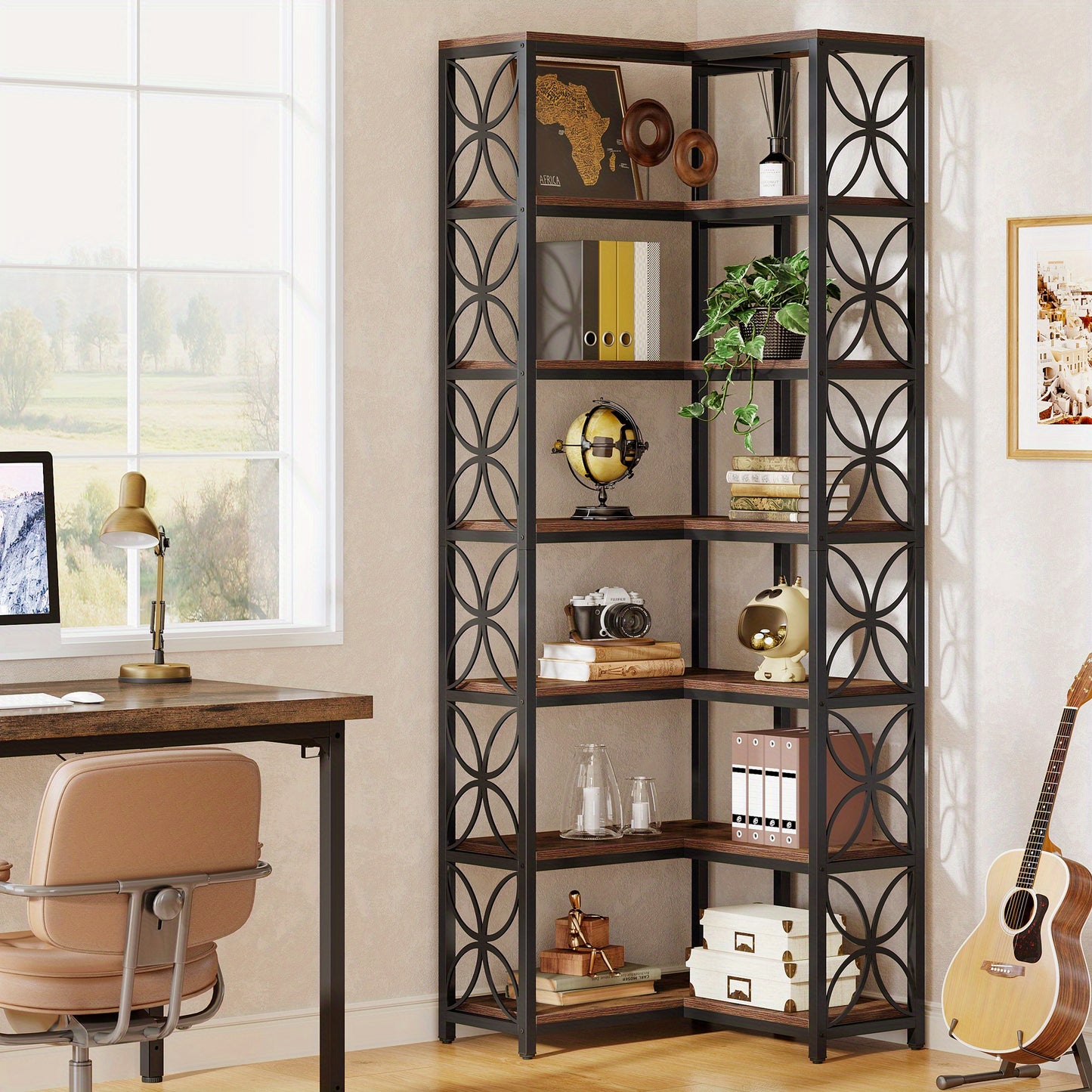 79-Inch Tall 7-Tier L-Shaped Corner Bookcase with Metal Frame - Heavy-Duty Freestanding Storage Shelf, Space-Saving Curved Design, Engineered Wood & Metal Construction, Contemporary Modern Style in Rustic Brown & Black for Li